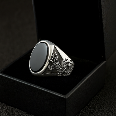 Onyx Snake Oval Ring - 950 Silver